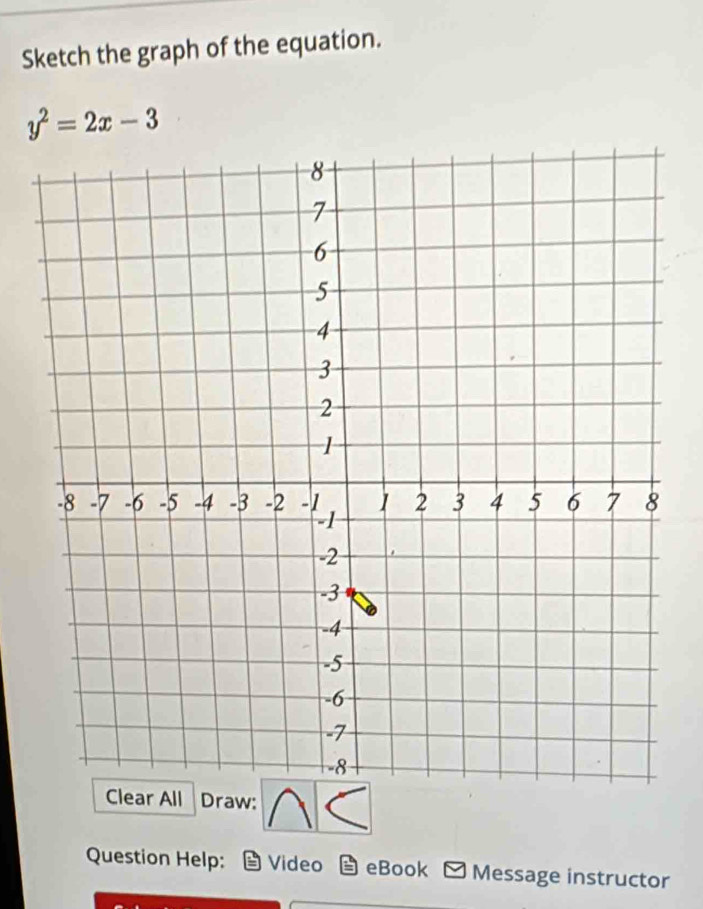 Sketch the graph of the equation.
y^2=2x-3
Clear All Draw: 
Question Help: Video eBook Message instructor