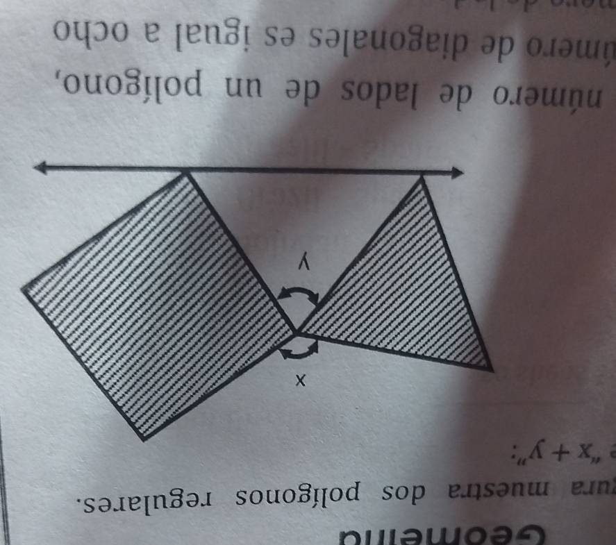 Geomemna 
gura muestra dos polígonos regulares. 
a ''x+y
número de lados de un polígono, 
úmero de diagonales es igual a ocho