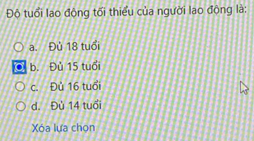 Độ tuổi lao động tối thiểu của người lao động là:
a. Đủ 18 tuổi
b. Đủ 15 tuổi
c. Đủ 16 tuổi
d. Đủ 14 tuổi
Xóa lựa chọn