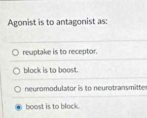 Agonist is to antagonist as:
reuptake is to receptor.
block is to boost.
neuromodulator is to neurotransmitter
boost is to block.