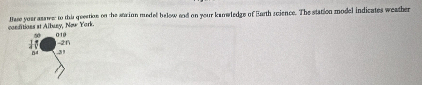 Base your answer to this question on the station model below and on your knowledge of Earth science. The station model indicates weather
conditions at Albany, New York.
56 019
: v -21
54 .31