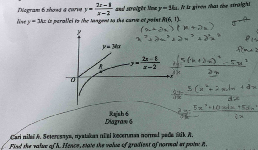 Diagram 6 shows a curve y= (2x-8)/x-2  and straight line y=3hx. It is given that the straight
line y=3hx is parallel to the tangent to the curve at point R(6,1).
Rajah 6
Diagram 6
Cari nilai h. Seterusnya, nyatakan nilai kecerunan normal pada titik R.
Find the value of h. Hence, state the value of gradient of normal at point R.