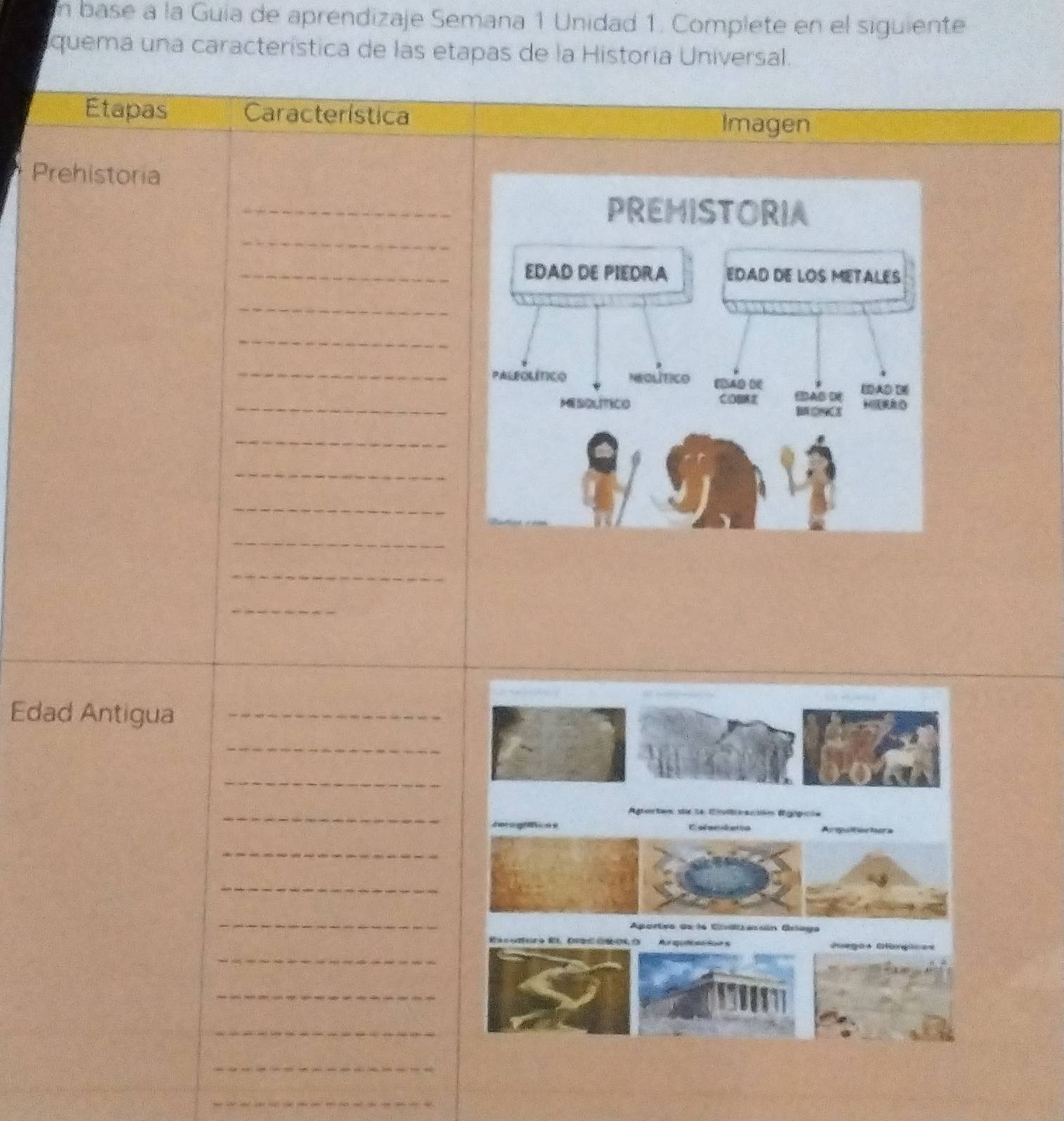 base a la Guia de aprendizaje Semana 1 Unidad 1. Complete en el siguiente 
quema una característica de las etapas de la Historía Universal. 
Etapas Característica 
Imagen 
Prehistoria 
_ 
_ 
_ 
_ 
_ 
_ 
_ 
_ 
_ 
_ 
_ 
_ 
_ 
Edad Antigua_ 
_ 
_ 
_ 
_ 
_ 
_ 
_ 
_ 
_ 
_ 
_