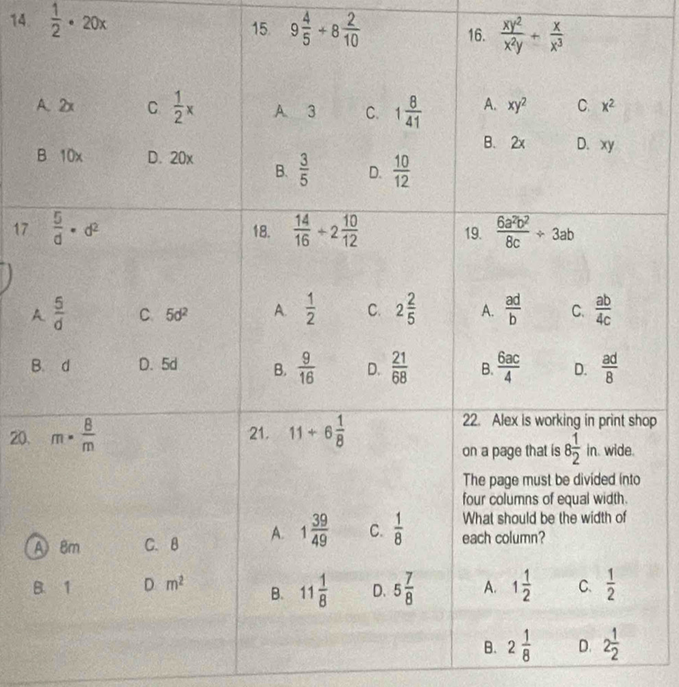  1/2 · 20x
15. 9 4/5 +8 2/10  16.
17
B
20.
op