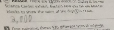 Reason There are ) 2600 insects on display at the new 
Science Center exhibit. Explain how you can use base-ten 
blocks to show the value of the dign(②in 12,600. 
_ 
One painting shows 520 different types of ladybugs.