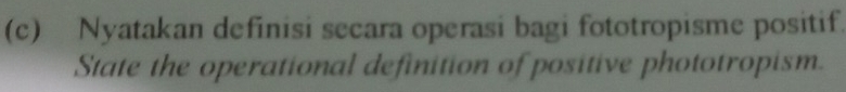 Nyatakan definisi secara operasi bagi fototropisme positif 
State the operational definition of positive phototropism.