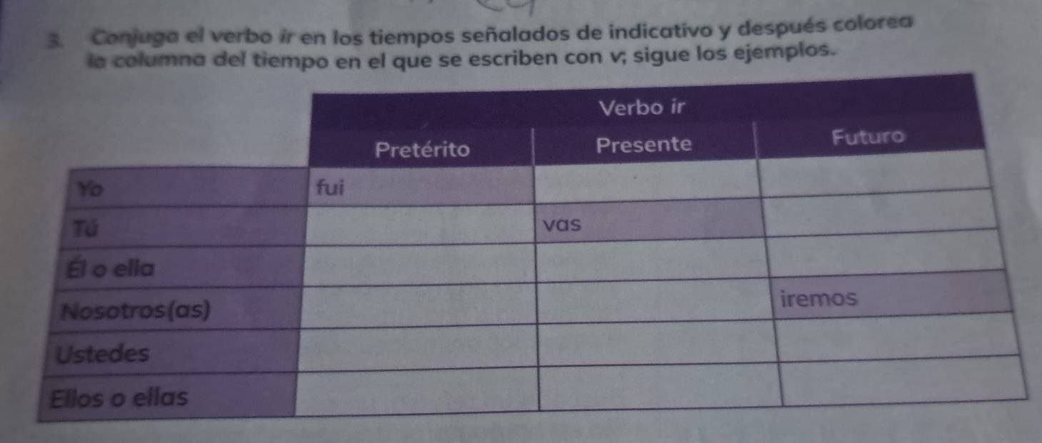 Conjuga el verbo ir en los tiempos señalados de indicativo y después colorea 
la columna del tiempo en el que se escriben con v; sigue los ejemplos.