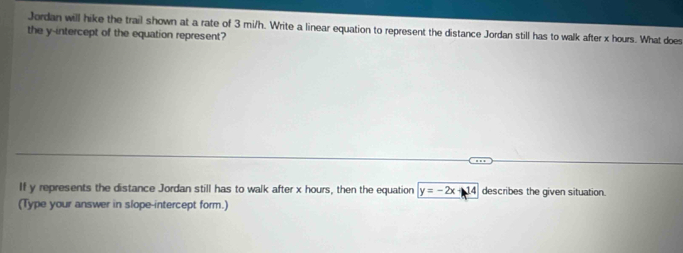 Jordan will hike the trail shown at a rate of 3 mi/h. Write a linear equation to represent the distance Jordan still has to walk after x hours. What does 
the y-intercept of the equation represent? 
If y represents the distance Jordan still has to walk after x hours, then the equation y=-2x+14 describes the given situation. 
(Type your answer in slope-intercept form.)