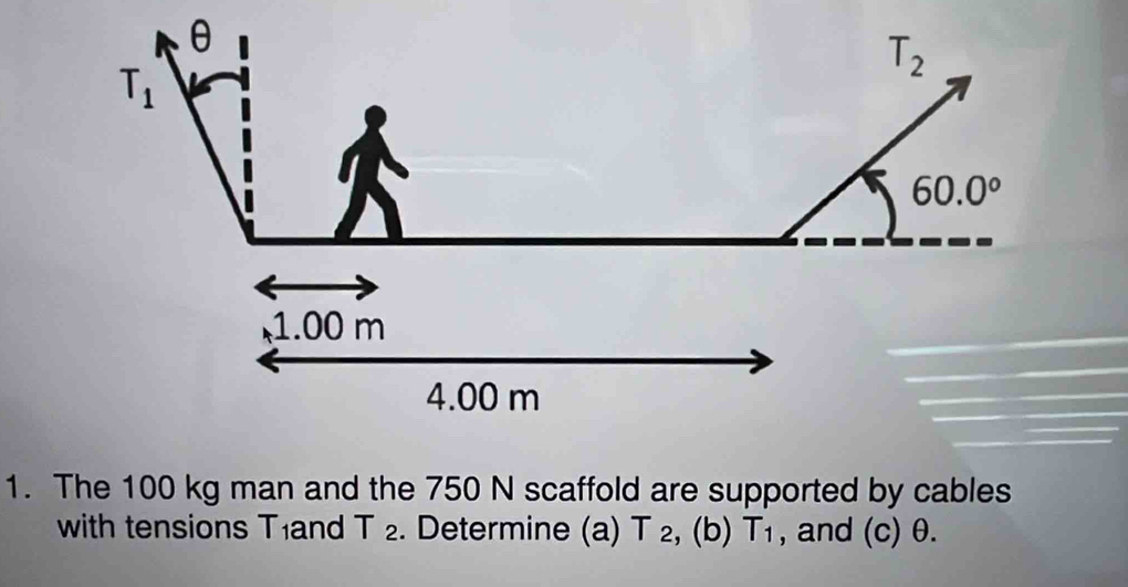 The 100 kg man and the 750 N scaffold are supported by cables
with tensions T and T ∠. Determine (a) T ₂, (b) T_1 , and (c) θ.