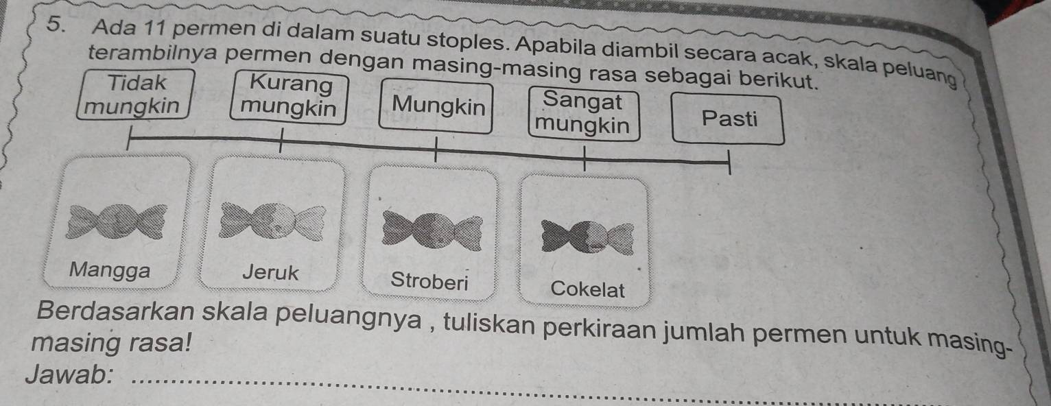 Ada 11 permen di dalam suatu stoples. Apabila diambil secara acak, skla peluang 
terambilnya permen denga 
skala peluangnya , tuliskan perkiraan jumlah permen untuk masing- 
masing rasa! 
Jawab:_