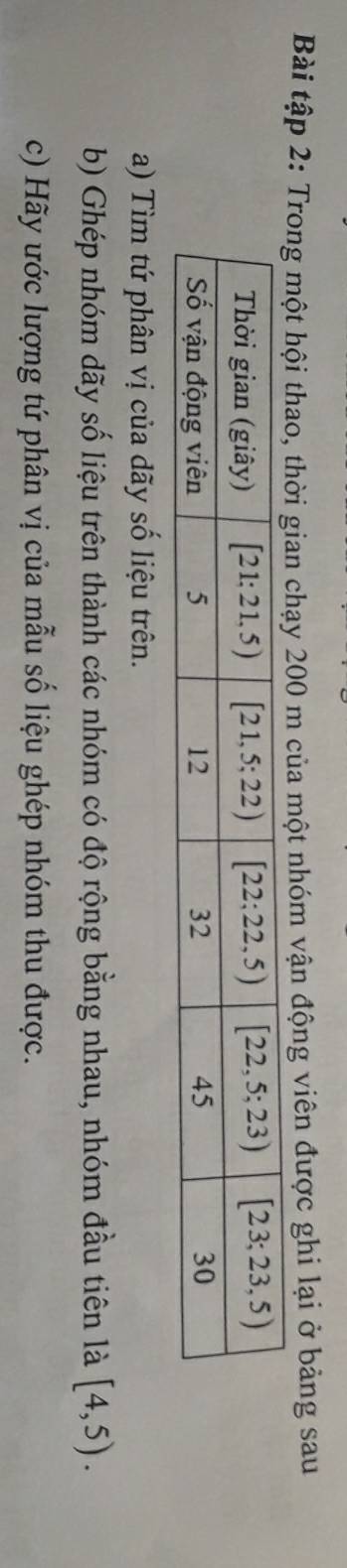 Bài tập 2: Trong một hội thao, thời gian chạy 200 m của một nhóm vận động viên được ghi lại ở bảng sau
a) Tìm tứ phân vị của dãy số liệu trên.
b) Ghép nhóm dãy số liệu trên thành các nhóm có độ rộng bằng nhau, nhóm đầu tiên là [4,5).
c) Hãy ước lượng tứ phân vị của mẫu số liệu ghép nhóm thu được.