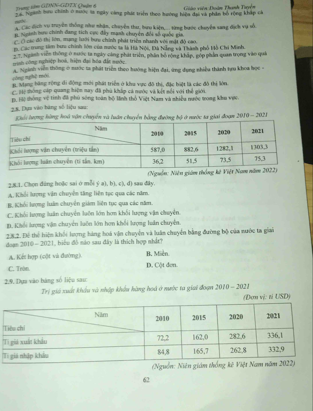 Trung tâm GDNN-GDTX Quận 6
Giáo viên:Đoàn Thanh Tuyền
2.6. Ngành bưu chính ở nước ta ngày cảng phát triển theo hướng hiện đại và phân bố rộng khắp cá
nước.
A. Các dịch vụ truyền thống như nhận, chuyển thư, bưu kiện,... từng bước chuyến sang dịch vụ số.
B. Ngành bưu chính đang tích cực đầy mạnh chuyển đối số quốc gia.
C. Ở các đô thị lớn, mạng lưới bưu chính phát triển nhanh với mật độ cao.
D. Các trung tâm bưu chính lớn của nước ta là Hà Nội, Đà Nẵng và Thành phố Hồ Chí Minh.
2.7. Ngành viễn thông ở nước ta ngày càng phát triển, phân bố rộng khắp, góp phần quan trọng vào quá
trình công nghiệp hoá, hiện đại hóa đất nước.
A. Ngành viễn thông ở nước ta phát triển theo hướng hiện đại, ứng dụng nhiều thành tựu khoa học -
công nghệ mới.
B. Mạng băng rộng di động mới phát triển ở khu vực đô thị, đặc biệt là các đô thị lớn.
C. Hệ thống cáp quang hiện nay đã phù khắp cả nước và kết nối với thế giới.
Đ. Hệ thống vệ tinh đã phủ sóng toàn bộ lãnh thổ Việt Nam và nhiều nước trong khu vực.
2.8. Dựa vào bảng số liệu sau:
Khổi lượng hàng hoá vận chuyển và luân chuyển bằng đường bộ ở nước ta giai đoạn 2010 - 2021
(Nguồn: Niên giám thống k
2.8.1. Chọn đúng hoặc sai ở mỗi ý a), b), c), d) sau đây.
A. Khối lượng vận chuyển tăng liên tục qua các năm.
B. Khối lượng luân chuyển giảm liên tục qua các năm.
C. Khối lượng luân chuyển luôn lớn hơn khối lượng vận chuyền.
D. Khối lượng vận chuyển luôn lớn hơn khối lượng luân chuyển.
2.8.2. Để thể hiện khối lượng hàng hoá vận chuyển và luân chuyển bằng đường bộ của nước ta giai
đoạn 2010 - 2021, biểu đồ nào sau đây là thích hợp nhất?
A. Kết hợp (cột và đường).
B. Miền.
C. Tròn.
D. Cột đơn.
2.9. Dựa vào bảng số liệu sau:
Trị giá xuất khẩu và nhập khẩu hàng hoá ở nước ta giai đoạn 2010-20 21
(Đơn vị: tỉ USD)
62