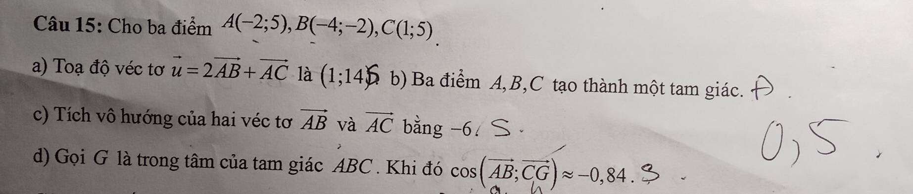 Cho ba điểm A(-2;5), B(-4;-2), C(1;5)
a) Toạ độ véc tơ vector u=2vector AB+vector AC là (1;14) b) Ba điểm A, B, C tạo thành một tam giác. 
c) Tích vô hướng của hai véc tơ vector AB và vector AC bằng -6. 
d) Gọi G là trong tâm của tam giác ABC. Khi đó cos (vector AB;vector CG)approx -0,84. √