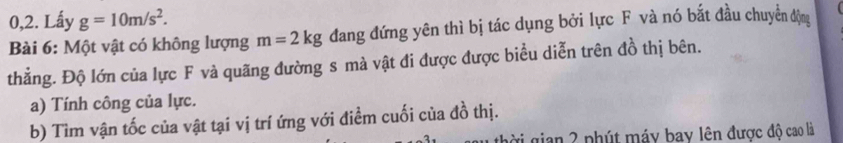 0,2. Lấy g=10m/s^2. 
Bài 6: Một vật có không lượng m=2kg đang đứng yên thì bị tác dụng bởi lực F và nó bắt đầu chuyển động 
thẳng. Độ lớn của lực F và quãng đường s mà vật đi được được biểu diễn trên đồ thị bên. 
a) Tính công của lực. 
b) Tìm vận tốc của vật tại vị trí ứng với điểm cuối của đồ thị. 
gời gian 2 phút máy bay lên được độ cao là