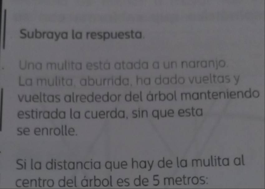 Subraya la respuesta. 
Una mulita está atada a un naranjo. 
La mulita, aburrida, ha dado vueltas y 
vueltas alrededor del árbol manteniendo 
estirada la cuerda, sin que esta 
se enrolle. 
Si la distancia que hay de la mulita al 
centro del árbol es de 5 metros :