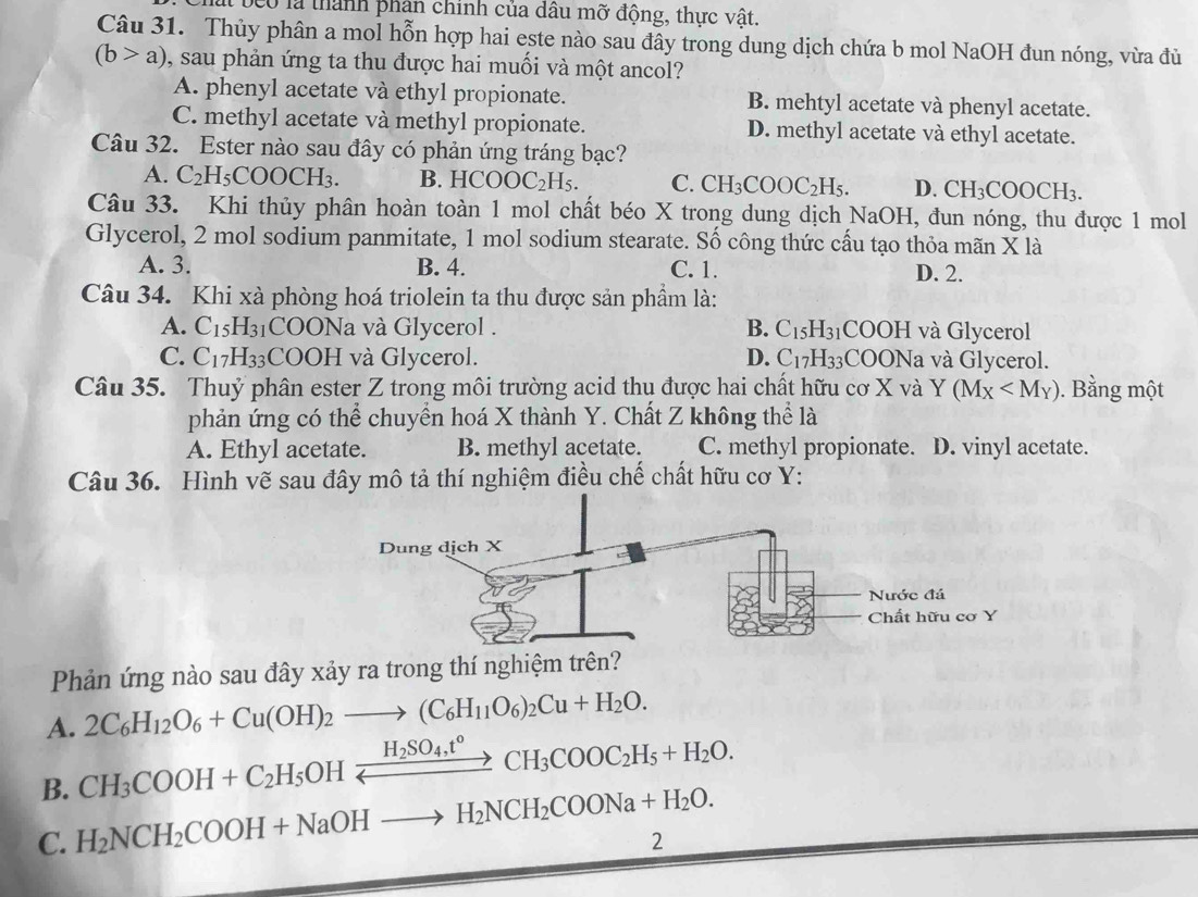 lất beo là thành phân chính của dầu mỡ động, thực vật.
Câu 31. Thủy phân a mol hỗn hợp hai este nào sau đây trong dung dịch chứa b mol NaOH đun nóng, vừa đủ
(b>a) , sau phản ứng ta thu được hai muối và một ancol?
A. phenyl acetate và ethyl propionate. B. mehtyl acetate và phenyl acetate.
C. methyl acetate và methyl propionate. D. methyl acetate và ethyl acetate.
Câu 32. Ester nào sau đây có phản ứng tráng bạc?
A. C_2H_5COOCH_3. B. HCOOC_2H_5. C. CH_3COOC_2H_5. D. CH_3COOCH_3.
Câu 33. Khi thủy phân hoàn toàn 1 mol chất béo X trong dung dịch NaOH, đun nóng, thu được 1 mol
Glycerol, 2 mol sodium panmitate, 1 mol sodium stearate. Số công thức cấu tạo thỏa mãn X là
A. 3. B. 4. C. 1. D. 2.
Câu 34. Khi xà phòng hoá triolein ta thu được sản phầm là:
A. C_15H_3 1 COONa và Glycerol . B. C_15H_31 COOF và Glycerol
C. C_17H_33 COOH và Glycerol. D. C_17H_33 COONa và Glycerol.
Câu 35. Thuỷ phân ester Z trong môi trường acid thụ được hai chất hữu cơ X và Y(M_X . Bằng một
phản ứng có thể chuyền hoá X thành Y. Chất Z không thể là
A. Ethyl acetate. B. methyl acetate. C. methyl propionate. D. vinyl acetate.
Câu 36. Hình vẽ sau đây mô tả thí nghiệm điều chế chất hữu cơ Y:
Phản ứng nào sau đây xảy ra trong thí nghiệm trên?
A. 2C_6H_12O_6+Cu(OH)_2to (C_6H_11O_6)_2Cu+H_2O.
B. CH_3COOH+C_2H_5OHxrightarrow H_2SO_4,t°CH_3COOC_2H_5+H_2O.
C. H_2NCH_2COOH+NaOHto H_2NCH_2COONa+H_2O.
2