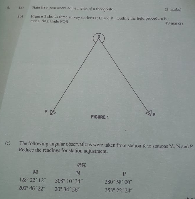 State five permanent adjustments of a theodolite. (5 marks) 
(b) Figure 1 shows three survey stations P, Q and R. Outline the field procedure for 
measuring angle PQR. (9 marks) 
(c) The following angular observations were taken from station K to stations M, N and P. 
Reduce the readings for station adjustment.
odot K
M
N
P
128° 22^(·)12'' 308°10'34'' 280°58'00''
200° 46'22''22^('') 20°34'56'' 353°22'24''