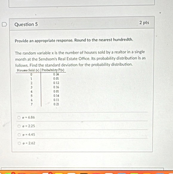 Provide an appropriate response. Round to the nearest hundredth.
The random variable x is the number of houses sold by a realtor in a single
month at the Sendsom's Real Estate Office. Its probability distribution is as
follows. Find the standard deviation for the probability distribution.
sigma =6.86
sigma =2.25
sigma =4.45
sigma =2.62