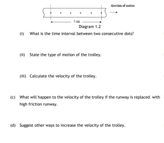 What is the time interval between two consecutive dots? 
(ii) State the type of motion of the trolley. 
(iii) Calculate the velocity of the trolley. 
(c) What will happen to the velocity of the trolley if the runway is replaced with 
high friction runway. 
(d) Suggest other ways to increase the velocity of the trolley.