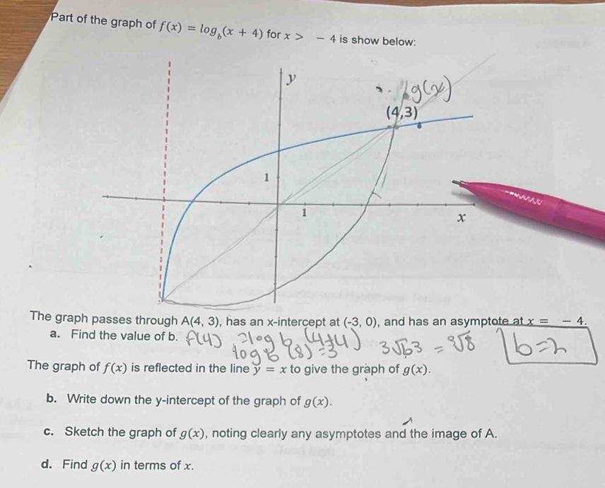 Part of the graph of f(x)=log _b(x+4) for x>-4 is show below:
The graph passes through A(4,3) , has an x-intercept at (-3,0) , and has an asymptote at x=-4.
a. Find the value of b.
The graph of f(x) is reflected in the line y=x to give the graph of g(x).
b. Write down the y-intercept of the graph of g(x).
c. Sketch the graph of g(x) , noting clearly any asymptotes and the image of A.
d. Find g(x) in terms of x.