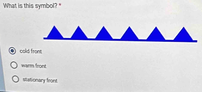 What is this symbol? *
cold front
warm front
stationary front