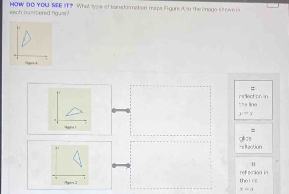 HOW DO YOU SEE IT? What type of transformation maps Figure A to the image shown in
each numbered figure?
::
r
reflection in
the line
y=x
Figure 1
::
glide
reflection
::
reflection in
the line
x=a