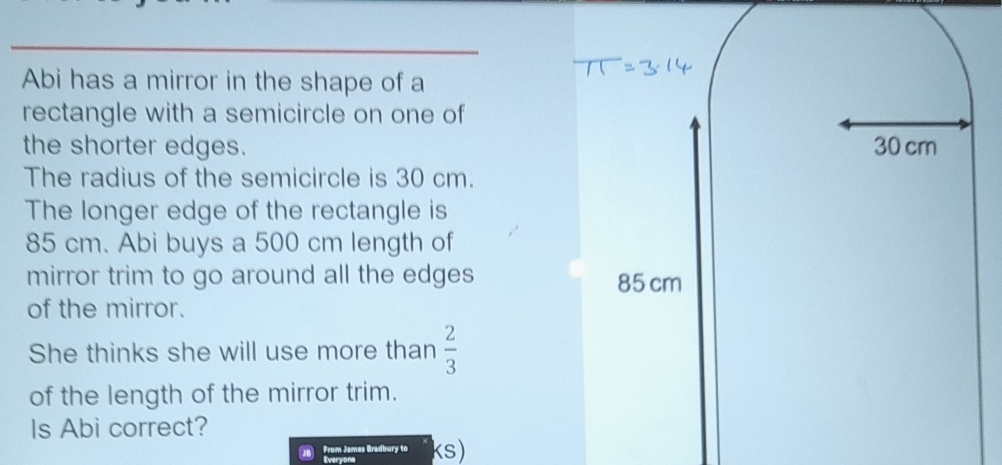 Solved: Abi has a mirror in the shape of a rectangle with a semicircle ...