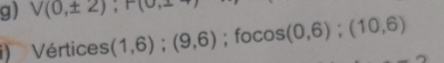 V(0,± 2); F(0,1
i) Vértices (1,6); (9,6); fo cos (0,6);(10,6)