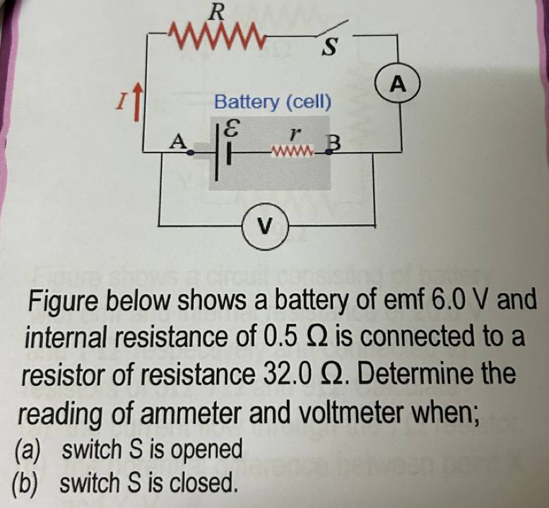 Figure below shows a battery of emf 6.0 V and 
internal resistance of 0.5 Ω is connected to a 
resistor of resistance 32.0 Ω. Determine the 
reading of ammeter and voltmeter when; 
(a) switch S is opened 
(b) switch S is closed.