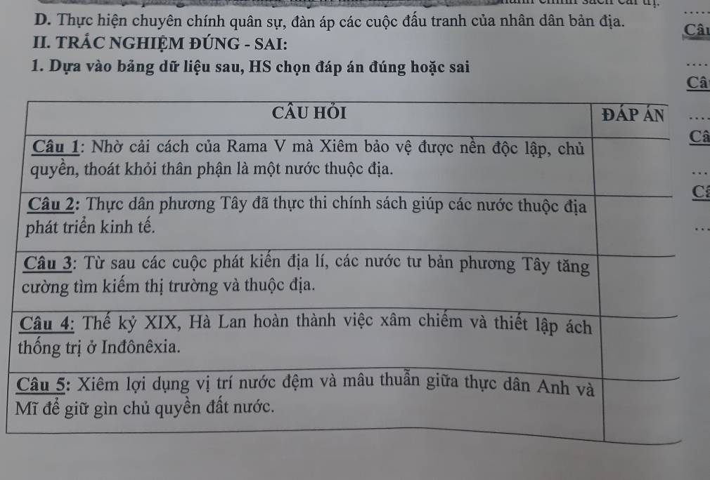 Thực hiện chuyên chính quân sự, đàn áp các cuộc đấu tranh của nhân dân bản địa. Câ 
II. TRÁC NGHIỆM ĐÚNG - SAI: 
1. Dựa vào bảng dữ liệu sau, HS chọn đáp án đúng hoặc sai 
_ 
Câ 
_ 
Câ 
C