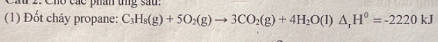 Cầu 2. Cho các phân tng sau. 
(1) Đốt cháy propane: C_3H_8(g)+5O_2(g)to 3CO_2(g)+4H_2O(l)△ _rH^0=-2220kJ