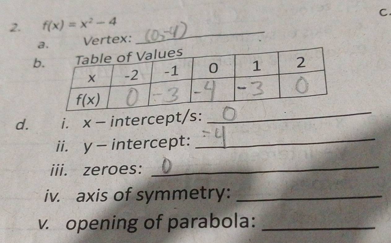 f(x)=x^2-4
a.
Vertex:
_
b.
d. i. x - intercept/s:
_
ii. y - intercept:
_
iii. zeroes:
_
iv. axis of symmetry:_
v. opening of parabola:_