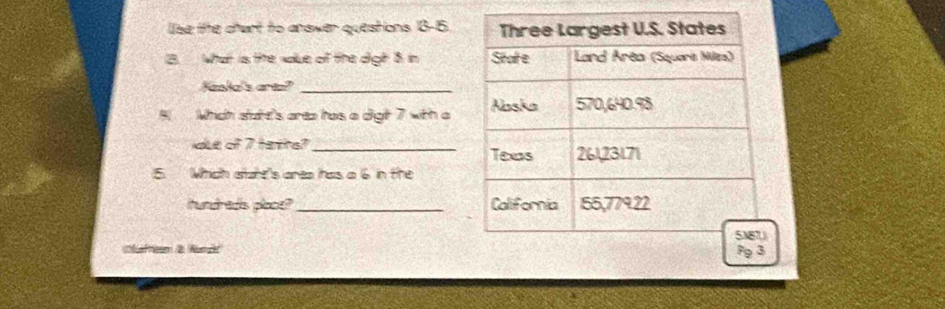 lise tite chart to answer questions 13-15.
B. What is the vaue of the digh 8 in
Haska's arto?_
A Which sture's area has a digt 7 with a
due of 7 tathe?_
5. Which state's ares has a 6 in the
hundrads ploce? _
e d un d