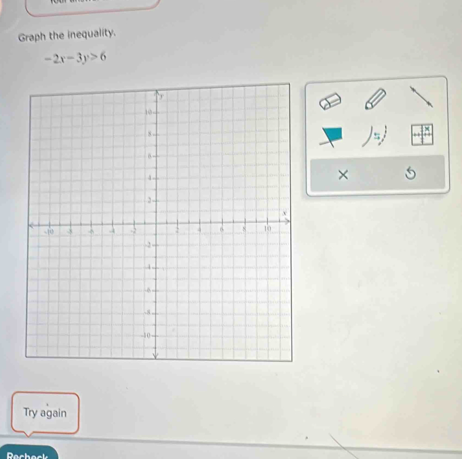 Graph the inequality.
-2x-3y>6
5
× 
Try again