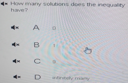 × How many solutions does the inequality
have?
× A 0
× B 1
×
9
× infinitely many