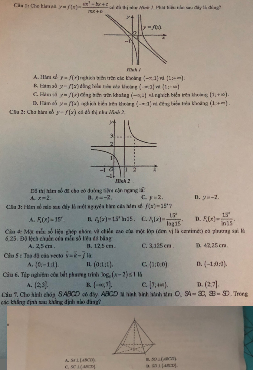 Cho hàm số y=f(x)= (ax^2+bx+c)/mx+n  có đồ thị như Hình 1. Phát biểu nào sau đây là đúng?
A. Hàm số y=f(x) nghịch biển trên các khoảng (-∈fty ;1) và (1;+∈fty ).
B. Hàm số y=f(x) đồng biến trên các khoảng (-∈fty ;1) và (1;+∈fty ).
C. Hàm số y=f(x) đồng biến trên khoảng (-∈fty ;1) và nghịch biến trên khoảng (1;+∈fty ).
D. Hàm số y=f(x) nghịch biến trên khoảng (-∈fty ;1) và đồng biến trên khoảng (1;+∈fty ).
Câu 2: Cho hàm số y=f(x) có đồ thị như Hình 2.
Đồ thị hàm số đã cho có đường tiệm cận ngang lấ:
A. x=2. B. x=-2. C. y=2. D. y=-2.
Câu 3: Hàm số nào sau đây là một nguyên hàm của hàm số f(x)=15^x ?
A. F_1(x)=15^x. B. F_2(x)=15^xln 15. C. F_3(x)= 15^x/log 15 . D. F_4(x)= 15^x/ln 15 .
Câu 4: Một mẫu số liệu ghép nhóm về chiều cao của một lớp (đơn vị là centimét) có phương sai là
6,25 . Độ lệch chuẩn của mẫu số liệu đó bằng:
A. 2,5 cm . B. 12,5 cm . C. 3,125 cm . D. 42,25 cm .
Câu 5 : Toạ độ của vectơ vector u=vector k-vector j là:
A. (0;-1;1). B. (0;1;1). C. (1;0;0). D. (-1;0;0).
Câu 6. Tập nghiệm của bất phương trình log _5(x-2)≤ 1 là
A. (2;3]. B. (-∈fty ;7]. C. [7;+∈fty ). D. (2;7].
Câu 7. Cho hình chóp SABCD có đây ABCD là hình bình hành tâm O,SA=SC,SB=SD. Trong
các khẳng định sau khẳng định nào đúng?
A. SA⊥ (ABCD). B. SO⊥ (ABCD).
C. SC⊥ (ABCD). D. SD⊥ (ABCD).