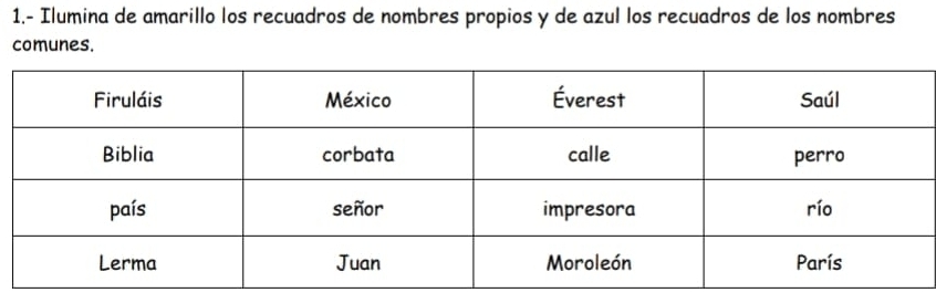 1.- Ilumina de amarillo los recuadros de nombres propios y de azul los recuadros de los nombres 
comunes.
