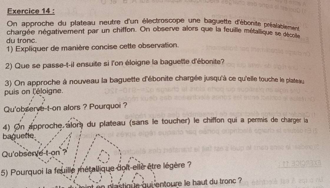 On approche du plateau neutre d'un électroscope une baguette d'ébonite préalablement 
chargée négativement par un chiffon. On observe alors que la feuille métallique se décolle 
du tronc. 
1) Expliquer de manière concise cette observation. 
2) Que se passe-t-il ensuite si l'on éloigne la baguette d'ébonite? 
3) On approche à nouveau la baguette d'ébonite chargée jusqu'à ce qu'elle touche le plateau 
puis on l'éloigne. 
Qu'observe-t-on alors ? Pourquoi ? 
4) On approche alors du plateau (sans le toucher) le chiffon qui a permis de charger la 
baguette. 
Qu'observe-t-on? 
5) Pourquoi la feuille métallique doit-ellè être légère ? 
nt on plastique qui entoure le haut du tronc ?