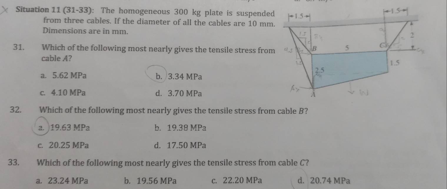 Situation 11 (31-33): The homogeneous 300 kg plate is suspended
from three cables. If the diameter of all the cables are 10 mm.
Dimensions are in mm.
31. Which of the following most nearly gives the tensile stress from
cable A?
a. 5.62 MPa b. 3.34 MPa
c. 4.10 MPa d. 3.70 MPa
32. . Which of the following most nearly gives the tensile stress from cable B?
a. ) 19.63 MPa b. 19.38 MPa
c. 20.25 MPa d. 17.50 MPa
33. Which of the following most nearly gives the tensile stress from cable C?
a. 23.24 MPa b. 19.56 MPa c. 22.20 MPa d. 20.74 MPa