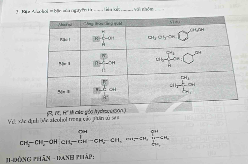 Bậc Alcohol = bậc của nguyên tử_ liên kết_ với nhóm_
(R,R',R' là các gốc hydrocarbon.)
Vd: xác định bậc alcohol trong các phân tử sau
CH_3-CH_2-OH|CH_3-CH-CH_2-CH_3CH-CH_3-CH_2-CH_3 1/CH -CH_2frac CH_3
II-ðÔNG PHÂN - DANH PHÁP: