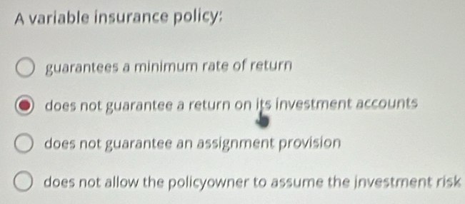 Solved: A variable insurance policy: guarantees a minimum rate of ...