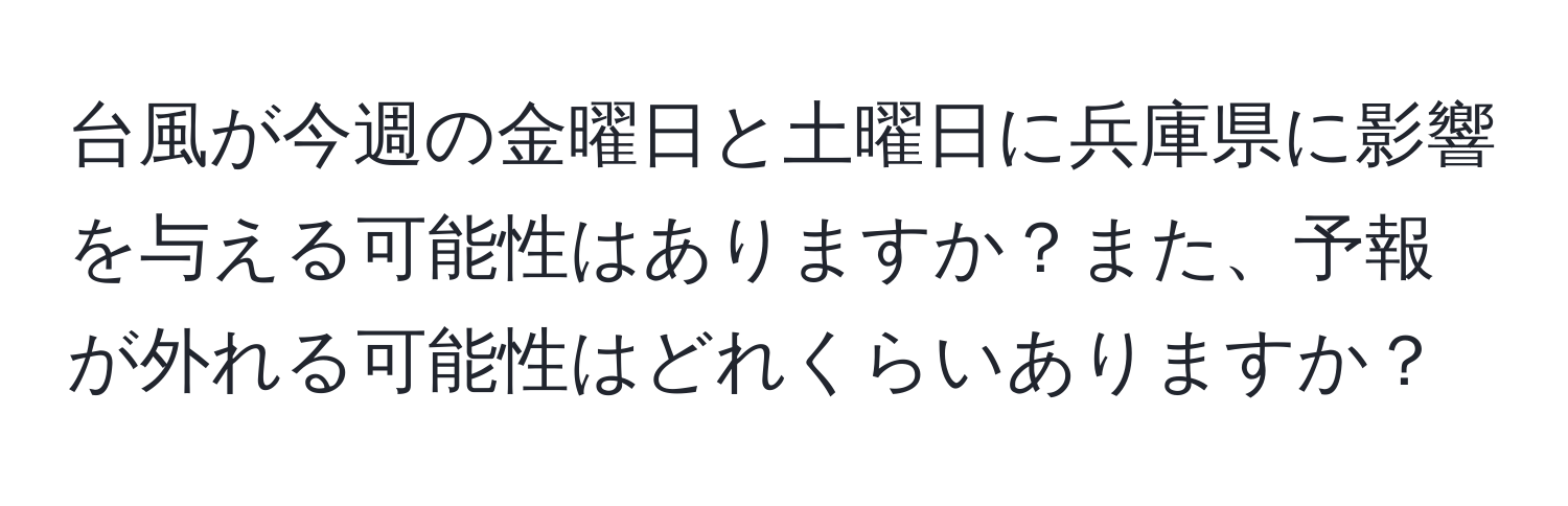 台風が今週の金曜日と土曜日に兵庫県に影響を与える可能性はありますか？また、予報が外れる可能性はどれくらいありますか？