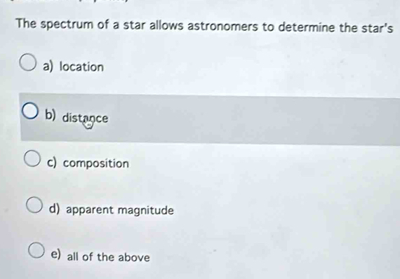 The spectrum of a star allows astronomers to determine the star's
a) location
b) distance
c) composition
d) apparent magnitude
e) all of the above