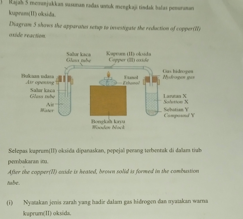 Rajah 5 menunjukkan susunan radas untuk mengkaji tíndak balas penurunan 
kuprum(II) oksida. 
Diagram 5 shows the apparatus setup to investigate the reduction of copper(II) 
oxide reaction. 
Selepas kuprum(II) oksida dipanaskan, pepejal perang terbentuk di dalam tiub 
pembakaran itu. 
After the copper(II) oxide is heated, brown solid is formed in the combustion 
tube. 
(i) Nyatakan jenis zarah yang hadir dalam gas hidrogen dan nyatakan warna 
kuprum(II) oksida.