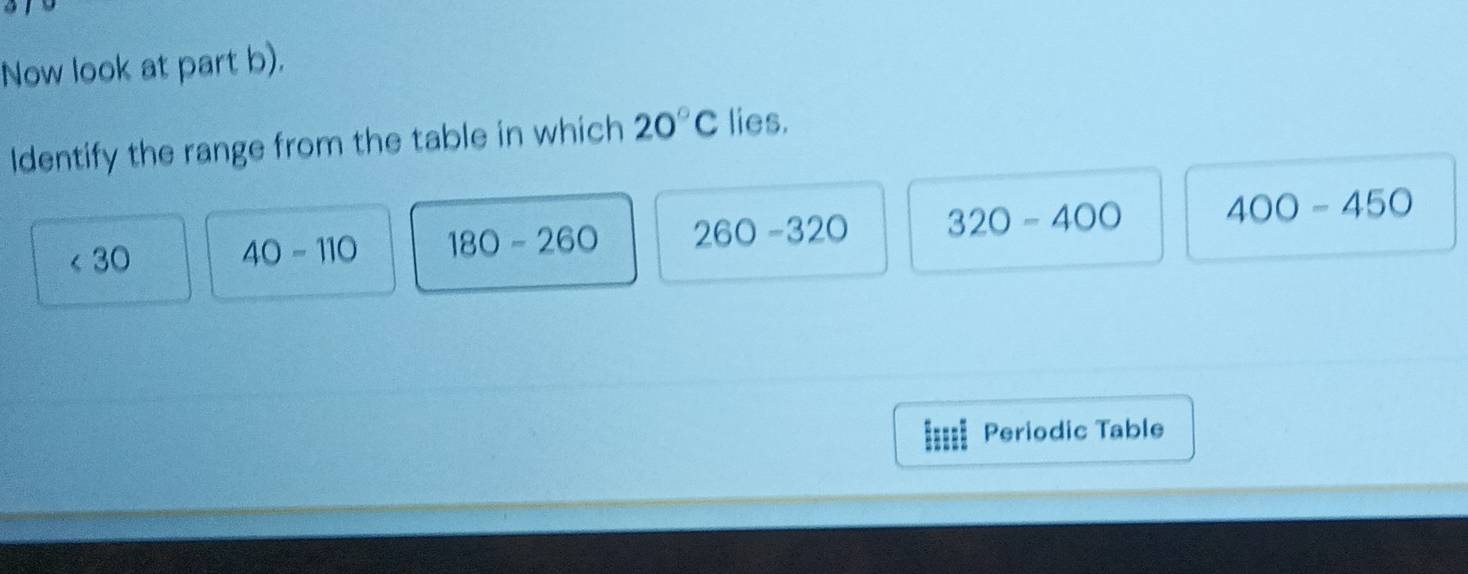Now look at part b).
Identify the range from the table in which 20°C lies.
< 30</tex> 40-110 180-260 260-320 320-400 400-450
Periodic Table
