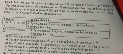 Một loài thực vật, alen A quy định thân cao trội hoàn toàn so với alen a quy định thân 
thấp; Alen B quy định hoa đô trội hoàn toàn so với alen b quy định hoa trắng. Biết không xây ra 
đột biển nhưng xảy ra hoán vị gen ở cả giới đực và giới cái với tần số bằng nhau. Cho cây A giao 
phần với cây X và cây Y, thu được kết quả như sau: 
a) Các phép lai trên nhầm xác định kiểu gen và tính chất di truyền của cây A, X, Y. 
b) Tần số hoán vị gene có thể xác định từ phép lai cây A với cây X hoặc cây A lai với cây Y
c) Nếu cho cây X lai phân tích thì sẽ thu được Fa có kiểu hình phân li theo tỉ lệ 1:1. 
đ) Nếu cho cây A lai phân tích thì sẽ thu được Fa có kiểu hình phân lị theo tỉ lệ 
Câu 2: Trong