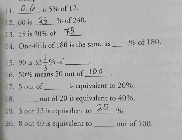 is 5% of 12. 
12. 60 is _ % of 240. 
13. 15 is 20% of_ . 
14. One-fifth of 180 is the same as _ % of 180. 
15. 90 is 33 1/3 % of_ .. 
16. 50% means 50 out of _. 
17. 5 out of_ is equivalent to 20%. 
18. _out of 20 is equivalent to 40%. 
19. 3 out 12 is equivalent to _ %. 
20. 8 out 40 is equivalent to _out of 100.