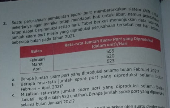 Suatu perusahaan pembuatan spore port memberlakukan sistem shift untu 
pekerjanya agar mereka tetap mendapat hak untuk libur, namun perusaha 
tetap dapat berproduksi setiap hari. Tabel berikut menunjukkan data rata a 
n yang diproduksi perusahaan tersebut per hari selam 
a. Berapa jumlah spøre port y 
b. Berapa rata-rata jumlah spøre port yang diproduksi selama bulan 
Februari - April 2021? 
c. Misalkan rata-rata jumlah spøre port yang diproduksi selama bula 
Januari - April adalah 530 unit/hari. Berapa jumlah spøre port yang diproduk 
selama bulan Januari 2021?