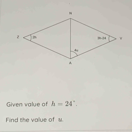 Given value of h=24°.
Find the value of u.