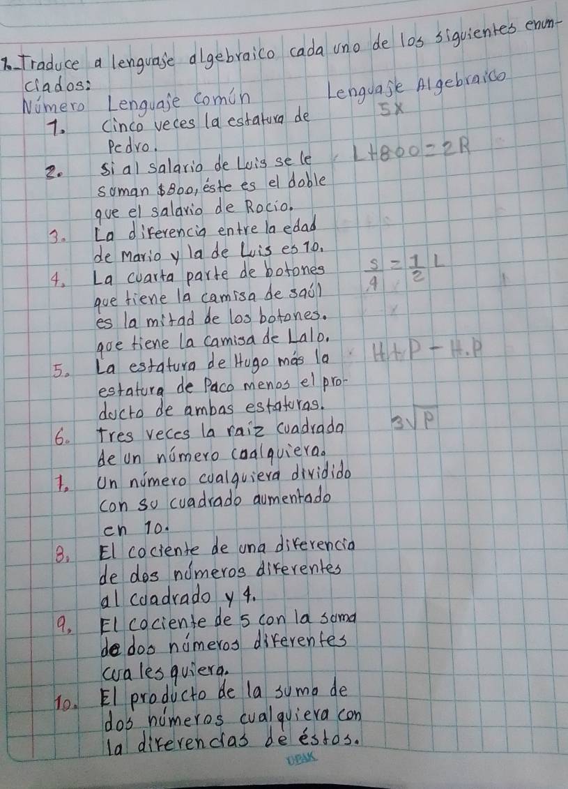 Traduce a lenguase algebraico cada uno de los siguientes enm- 
clados: 
Nimero Lenguaje comin 
Lengdase Algebraico 
7. (inco veces (a estatura de 5X
Pedro. 
2. sial salario de Luis sele L+800=2R
somanBoo, este es el doble 
gue el salavio de Rocio. 
3. La direrencin entre laedad 
de mario y lade Lis es 10. 
4. La cuarta parte de botones  s/4 = 1/2 L
goe fiene la camisa de sail 
es la mitad de los botones. 
aoe fiene la camisa de Lalo. 
5. La estatura de Hugo mas la HANP-H.P
estature de Paco menos el pro- 
ducto de ambas estatoras. 
6. tres reces la raiz cuadrada 3sqrt(p)
de un womero caalquierao 
I. on nomero coalquiera dividido 
con so cuadrado aumentado 
cn 10. 
8. El cociente de ana direrencia 
de dos nomeros direrentes 
al coadrado y 4. 
9. El cociente de s con la soma 
doo nimeros diferenfes 
wvales quiera. 
10. El producto de la soma de 
dos nimeros cualquiera con 
la direrenclas deestos.